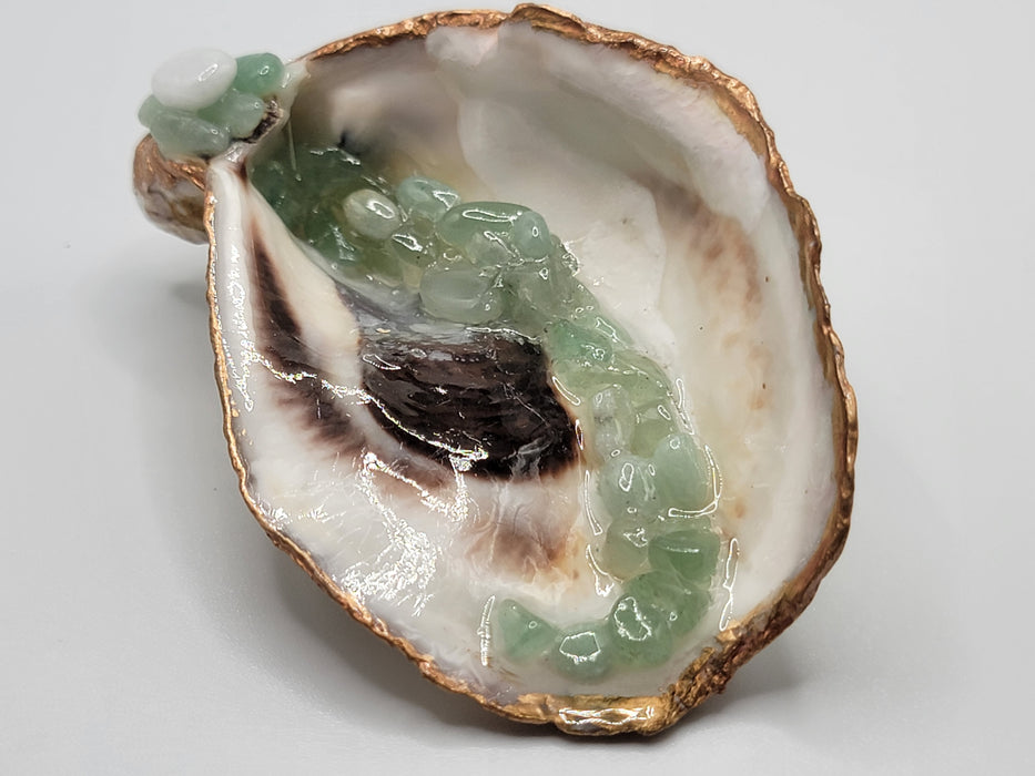 Oyster Shell Green Aventurine and White Moonstone Trinket Dish with Gold Detail