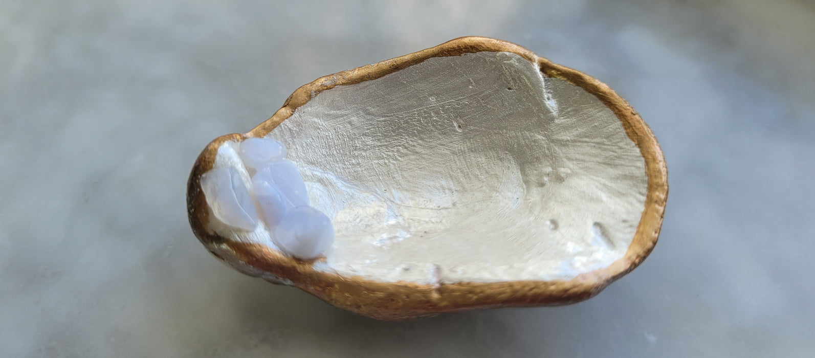Oyster Trinket Dish Pearl Glaze with Blue Lace Agate and Gold Leaf Paint (2 in.)
